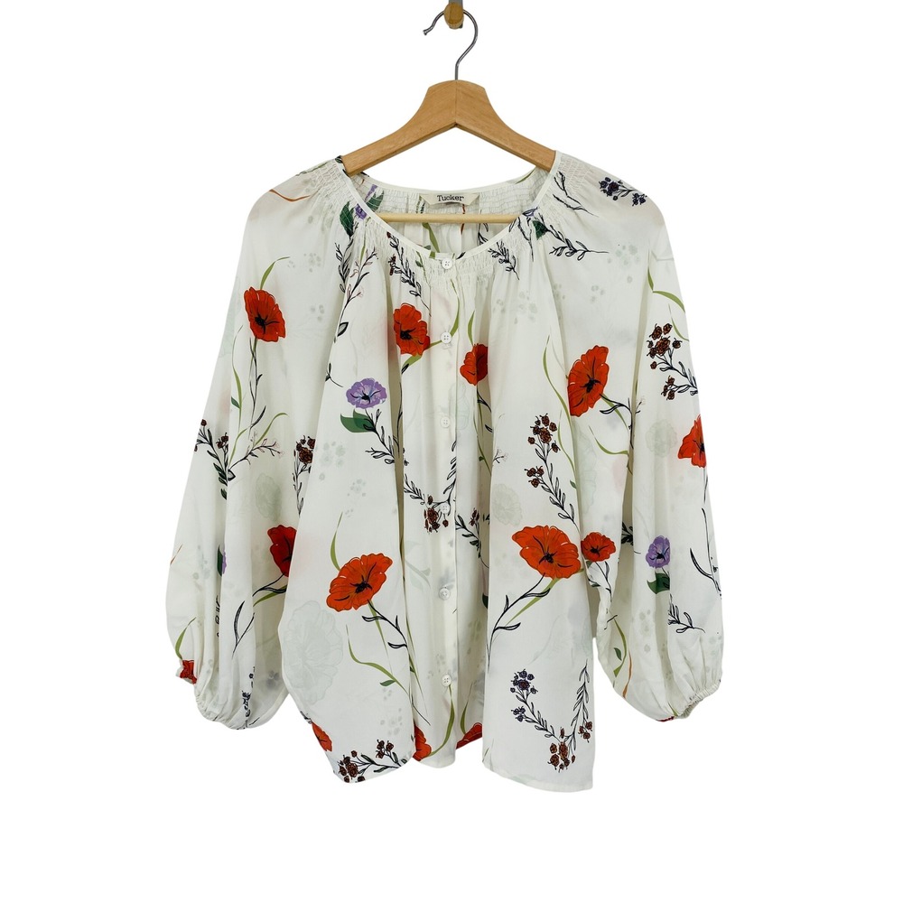 Tucker Blouse Women Large Ivory Silk Floral Smocked Button Front Long Sleeve